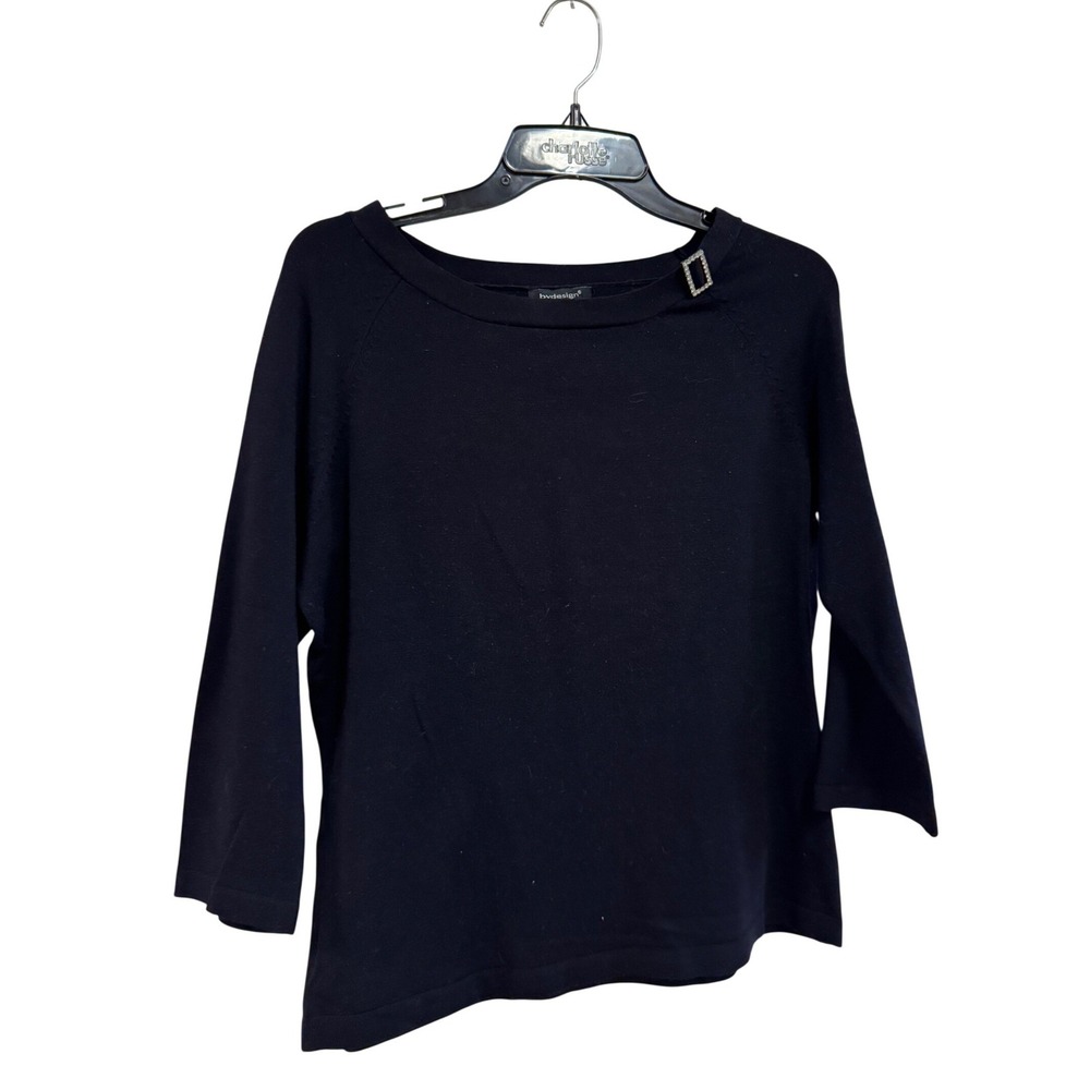 By Design Petite Black Knit Sweater Rhinestone Buckle Boat Neck 3/4 Sleeve PL